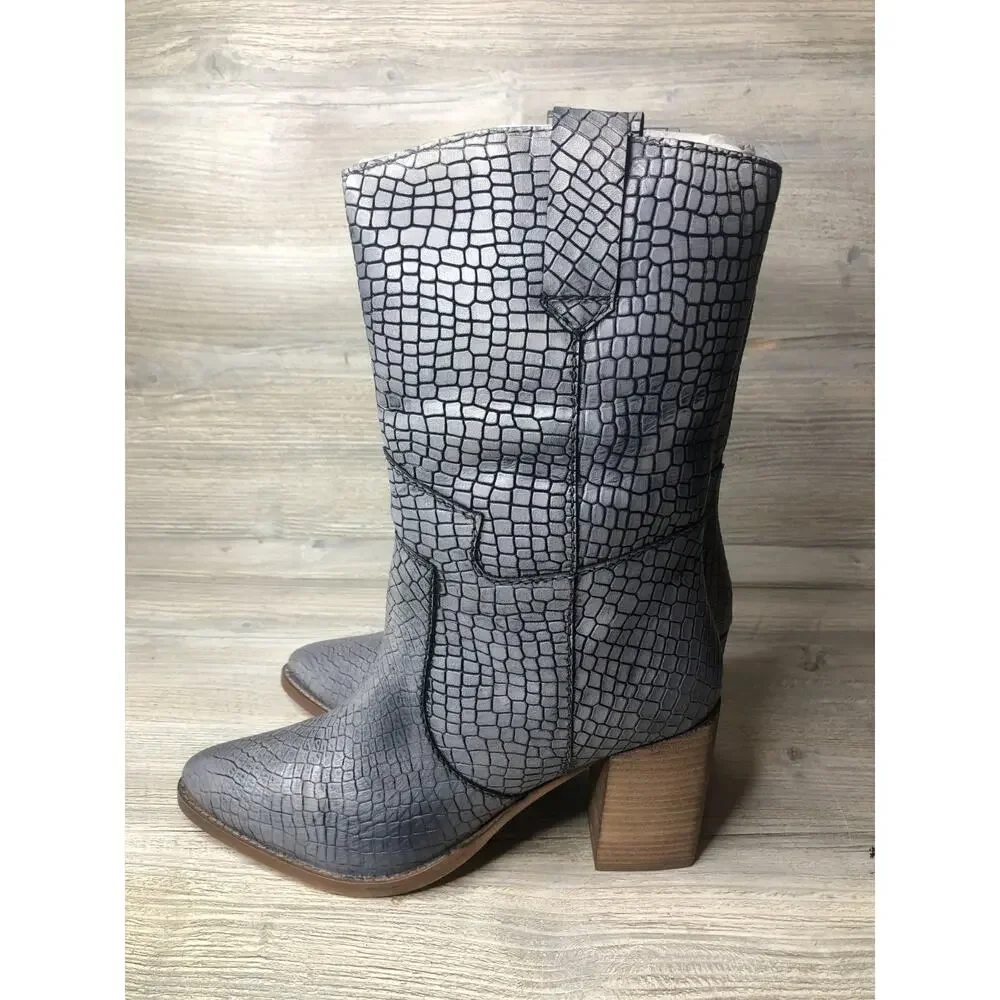Diba True Leather Mid Calf Western Boots - Croc Embossed Size 9.5